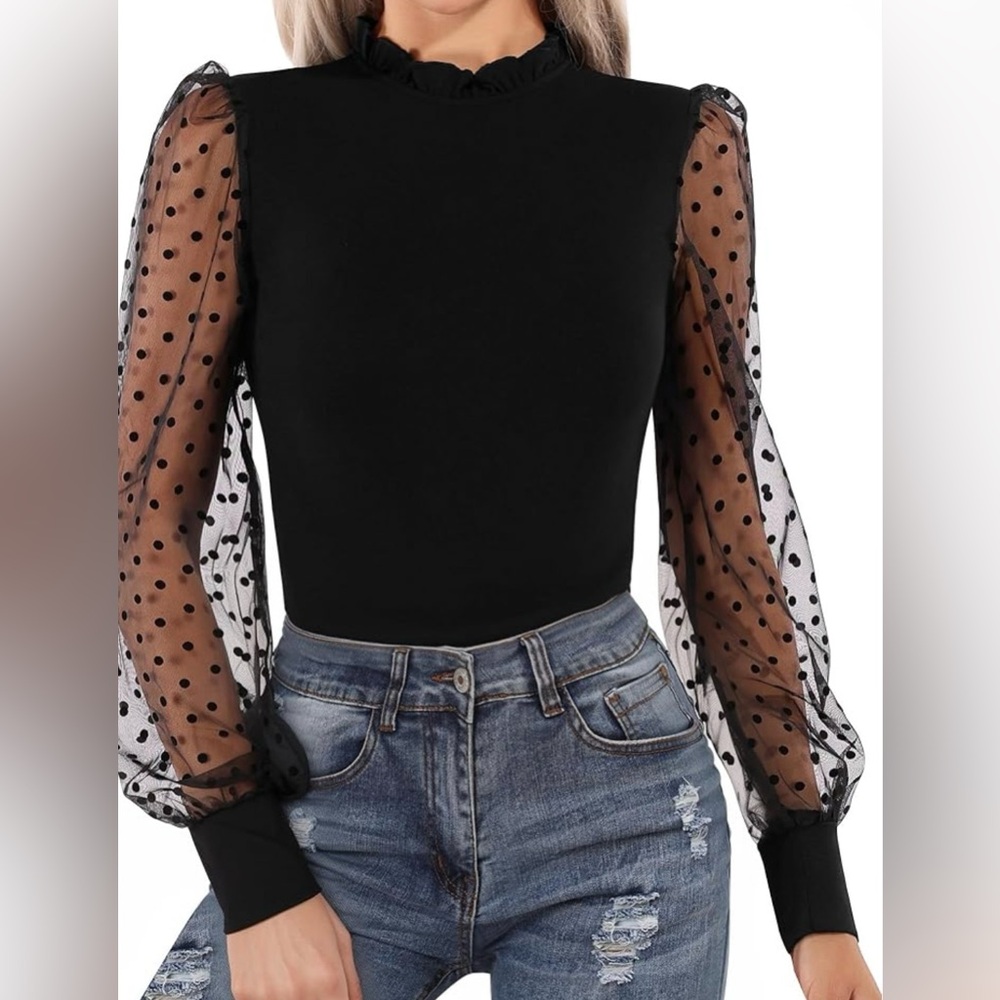 Black Mesh Dotted Sleeves High Collar Top Size L